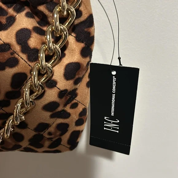 INC Leopard Print Shoulder Bag with Adjustable Strap and Gold Chain Detail - Picture 2 of 4